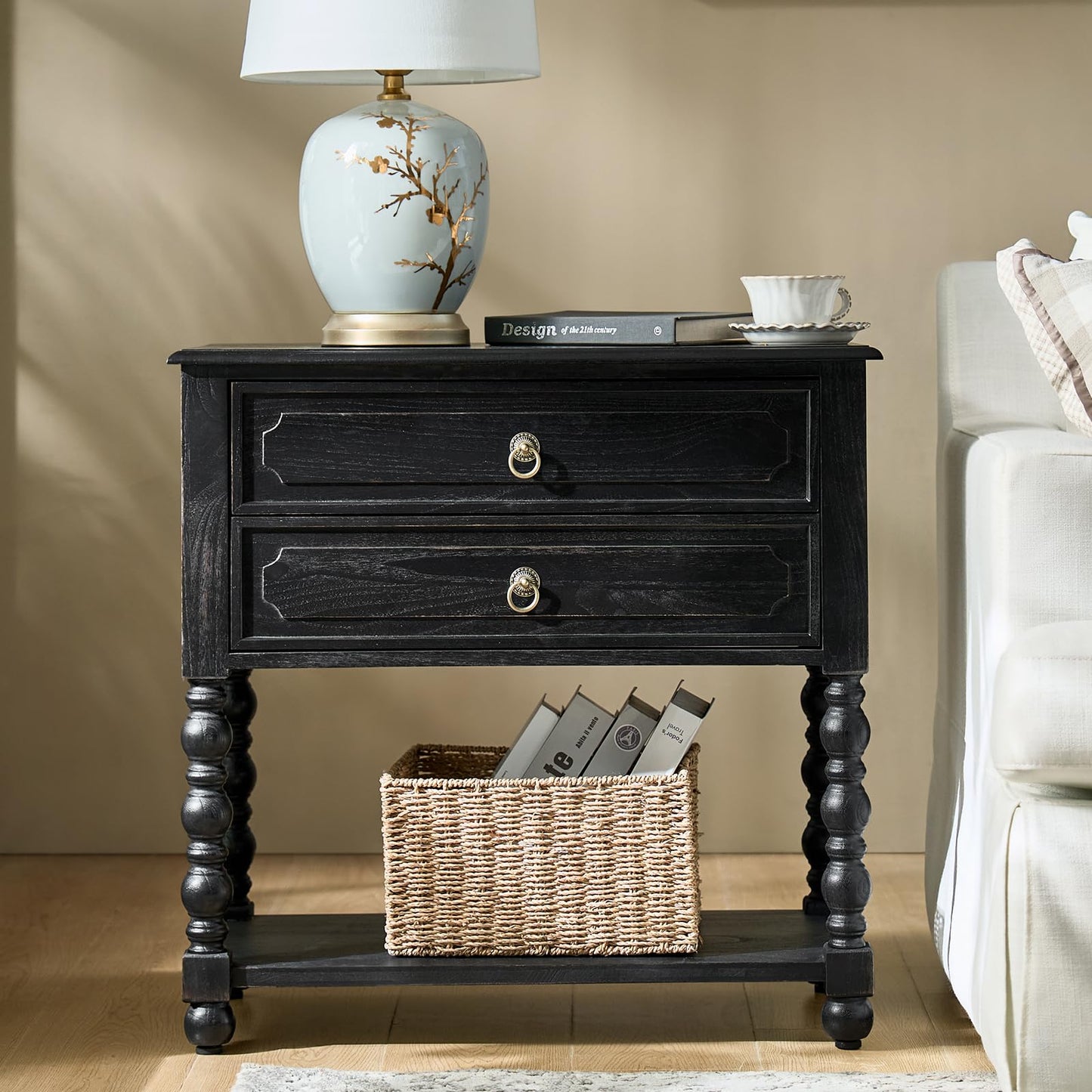 HULALA HOME Farmhouse Storage End Table with 2 Drawers and Open Shelf, Solid Wood Side Table with Spindle Legs, End Table with Charging Station (Charcoal)