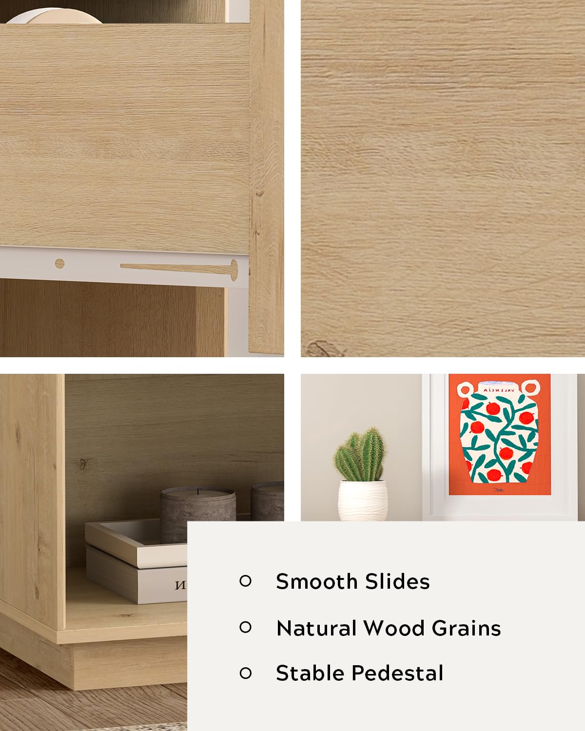 MoomJiee Farmhouse End Side Table Set of 2 Modern Wood Nightstands Bedside Cabinet with Storage Drawer and Open Shelf for Bedroom, Living Room, Light Oak