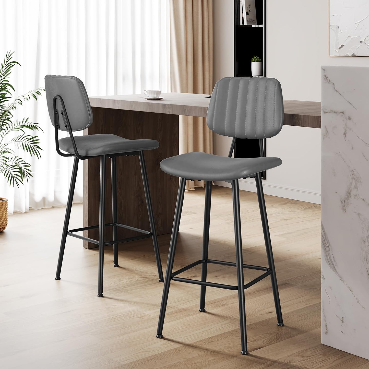 Raynesys 29-Inch Leather Bar Stools Set of 3, Counter Height Barstools with High Backrest，Bar Chairs for Kitchen Island with Heavy Duty Metal Base, Gray