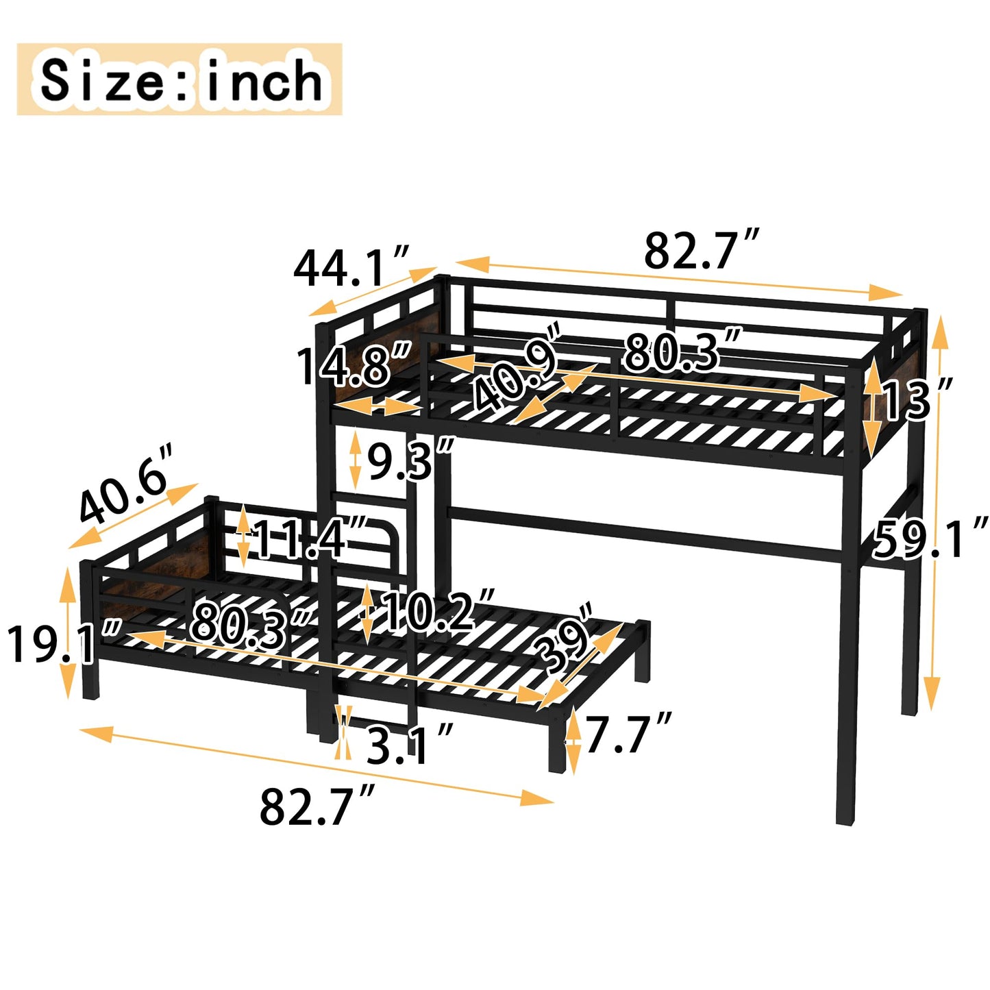 Twin XL Over Twin XL Metal Bunk Bed, Heavy Duty Convertible Bunk Bed Frame with Headboard & Full Guardrails, Can Be Split into Two Platform Beds or Loft Bed,Vintage