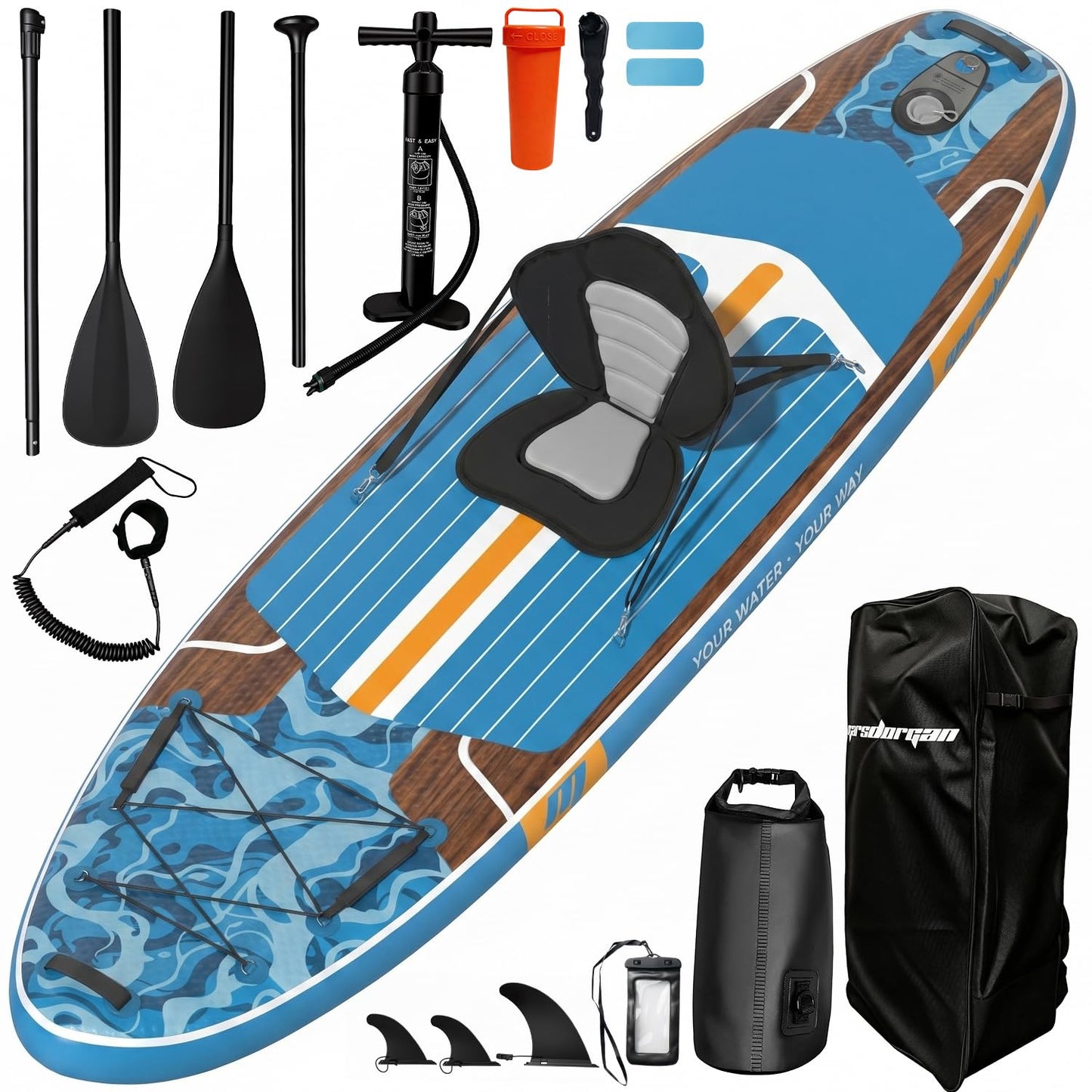 Marsdorgan 11ft Inflatable Stand Up Paddle Board with Kayak Seat, Wood Grain Lightweight SUP, 430lbs Capacity for Water Sports Fishing Surfing, 2-3 Person Family, w/Pump & 10L Dry Bag, Walnut