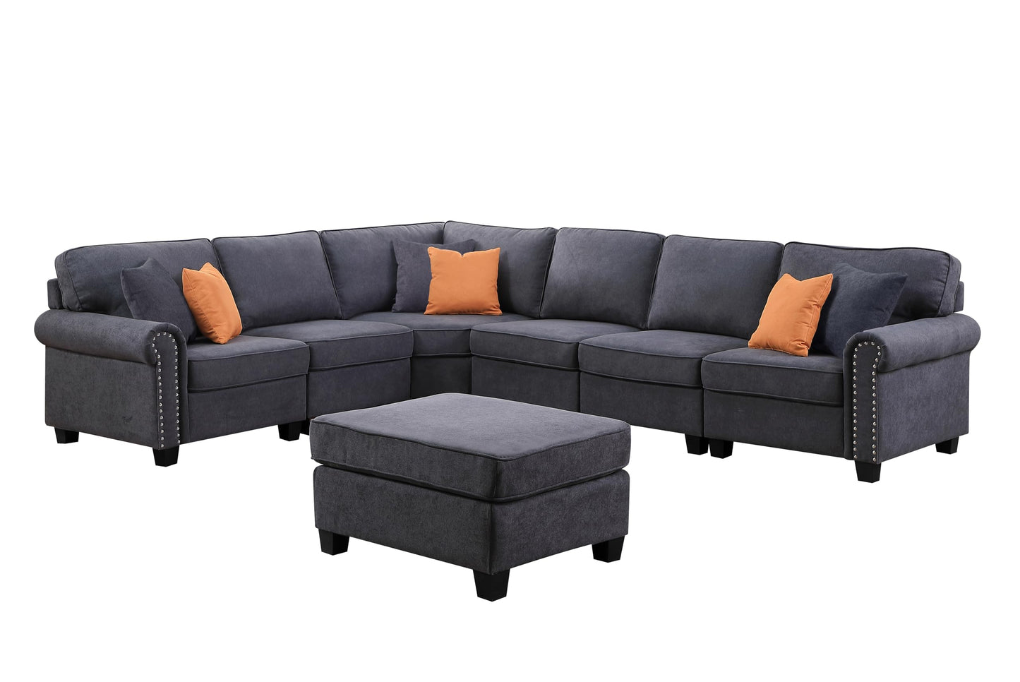 Ball & Cast 116" L-Shaped Sectional Couch with Movable Ottoman & Nailhead Trim Armrest,7 Seat Chenille Upholstered Sofa W/ 6 Throw Pillows,DIY Combination,Comfy Sectionals Set for Living Room,Gray