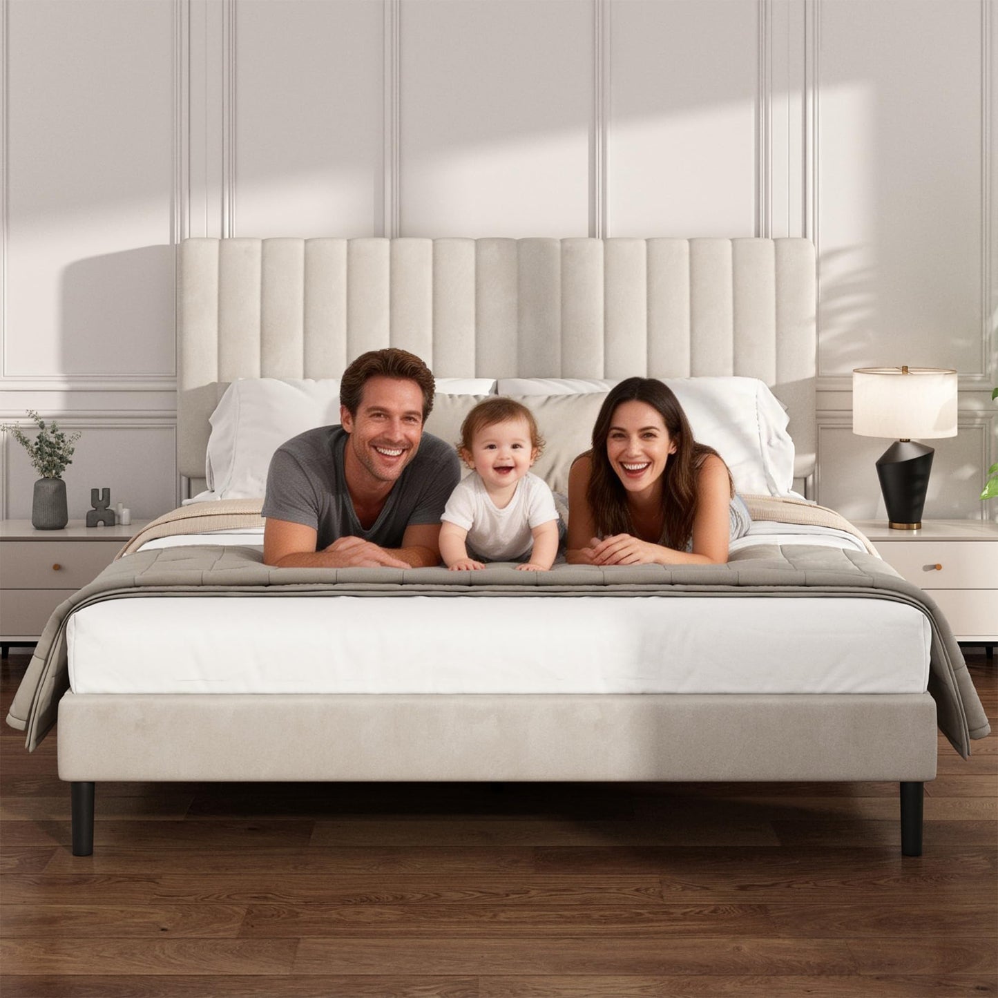 Mxhtcewz Queen Size Platform Bed Frame with Vertical Channel Tufted Headboard, No Box Spring Needed, Noise-Free, Easy Assembly, Beige Velvet