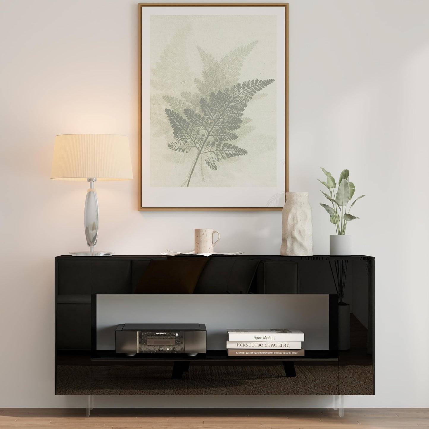 65" TV Stand with 2 Drawers & Hidden Storage Cabinets, High Gloss Black