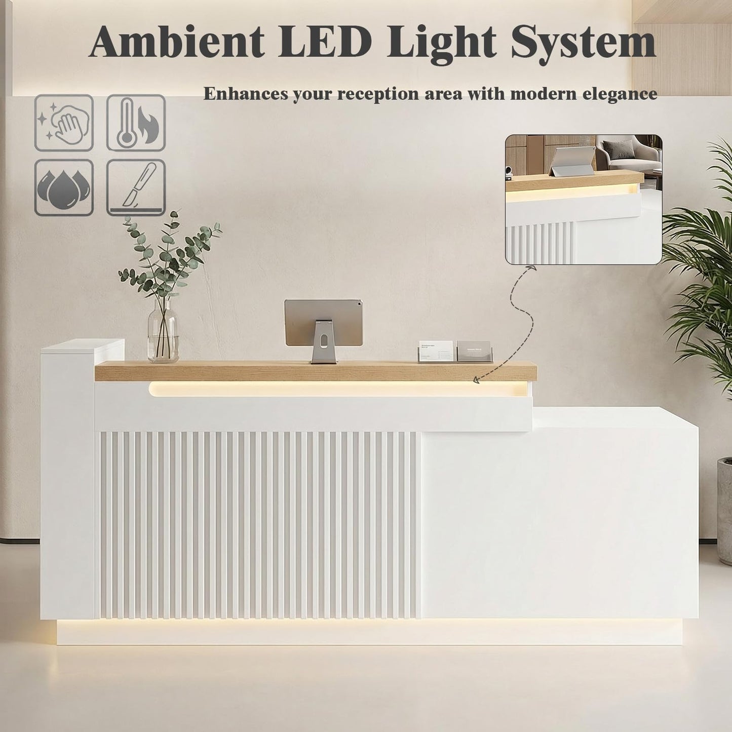 63" L-Shaped Reception Desk with LED Lights and Slatted Grille, Modern Front Desk with Built-in Outlets for Salon, Retail Store,Office,White Checkout Counter with Dimmable Switch,Reception Counter