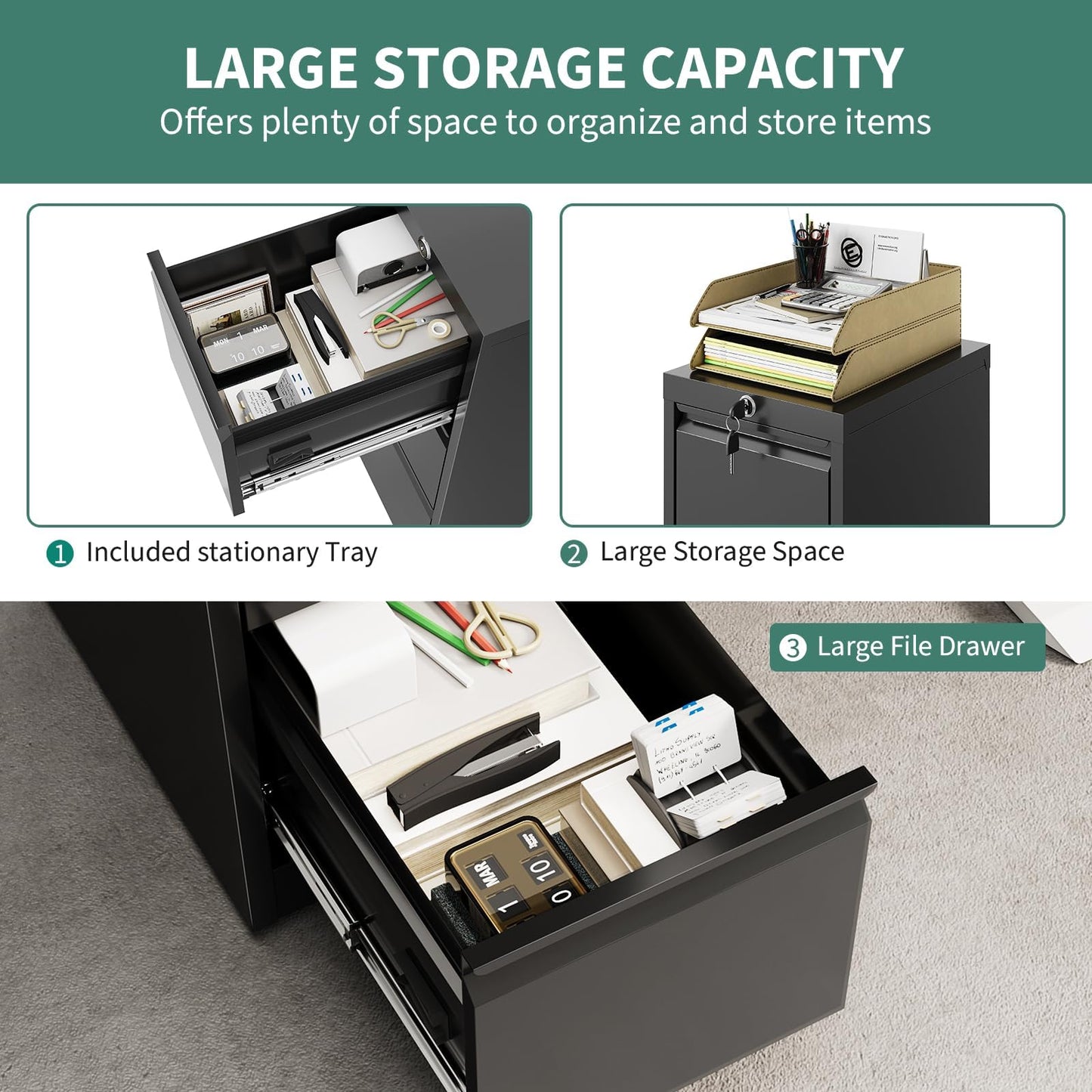 4 Drawer Metal File Cabinet with Lock, Wide Office Steel Filing Cabinet, Mobile Storage Organizer for Letter Legal Files, Home Office School Tool Storage Cabinet, Black
