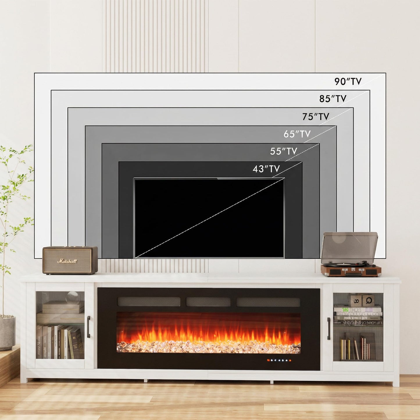 OneBlis 80" Fireplace TV Stand, Modern Entertainment Center with 50" Electric Fireplace, TV Console for Living Room, Fits TVs Up to 90", White & Black