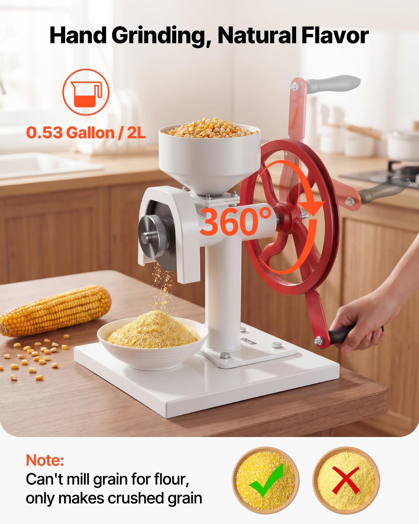 VEVOR Manual Grain Mill with Flywheel, Hand-Crank Corn Grinder, Heavy-Duty Carbon Steel Wheat Grinding Mill with Adjustable Fineness & 0.53 Gallon Hopper for Grains Spices Coffee Beans Nuts