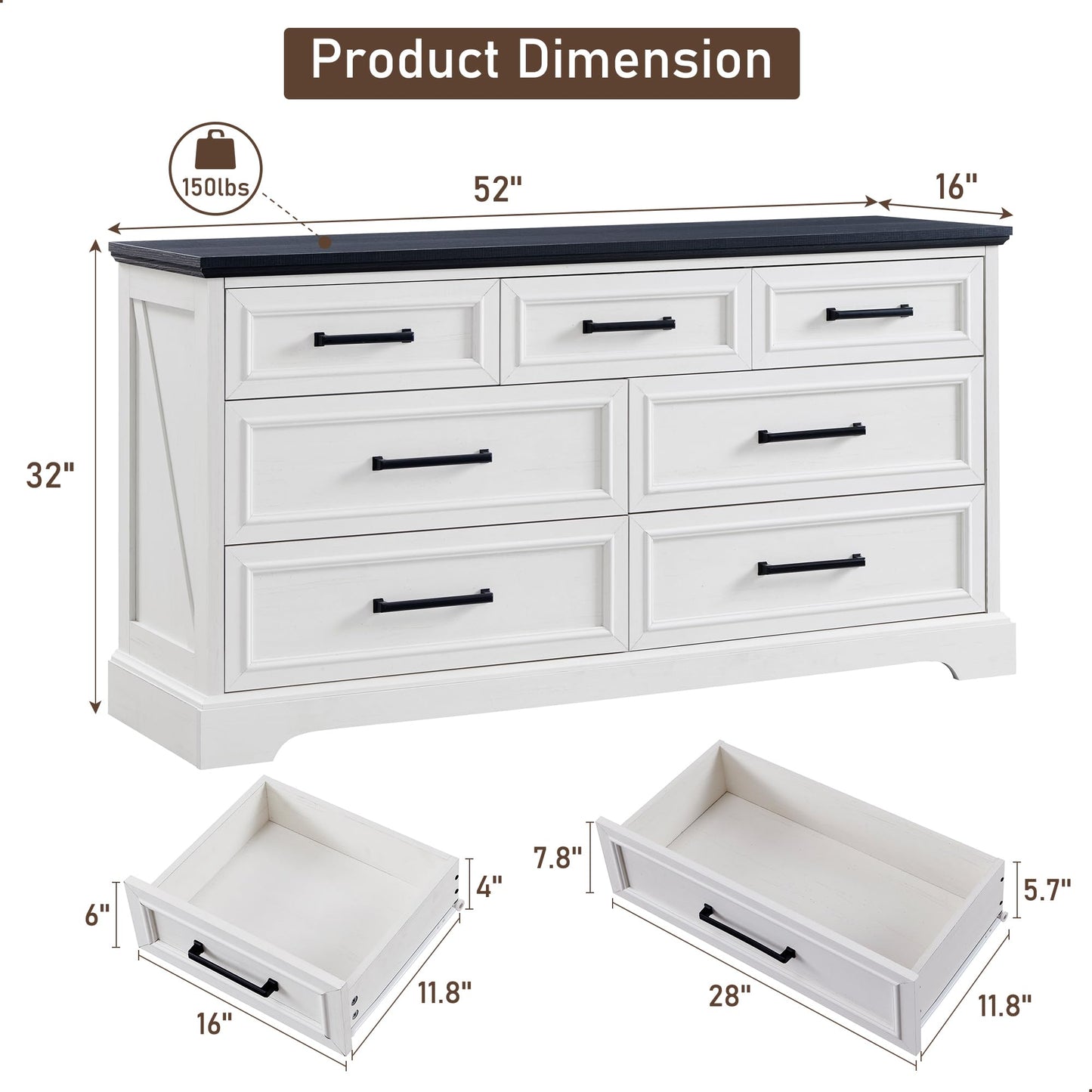 ACCOHOHO 7 Drawer Dresser, Farmhouse Chest of Drawers for Bedroom, 52" Wide Dresser with Large Metal Handles, Wood Drawer Organizer for Living Room, Hallway - Off White