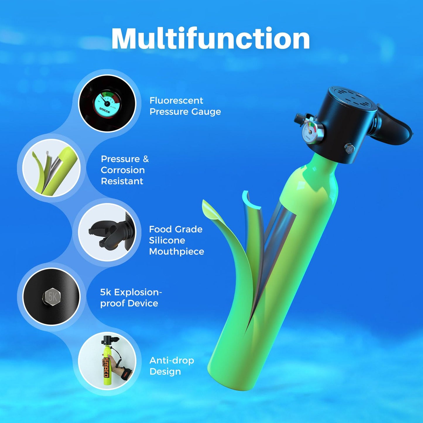 SMACO Mini Scuba Tank 0.5L Portable Small Diving Tank for Underwater Breathing Reusable Diving Cylinder Lung Air Tank for Emergency Rescue Boat Cleaning Backup Air Source Pony Bottle S300