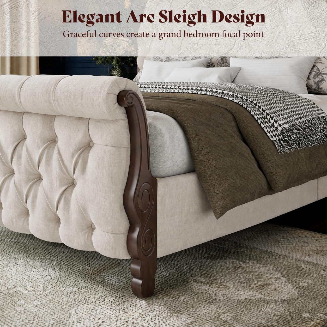 AMERLIFE Upholstered King Bed Frame, 53" Tall Sleigh Bed with Button Tufted Chenille Headboard and Footboard, Platform Bed with Carved Solid Wood Legs, No Box Spring Needed, Cream