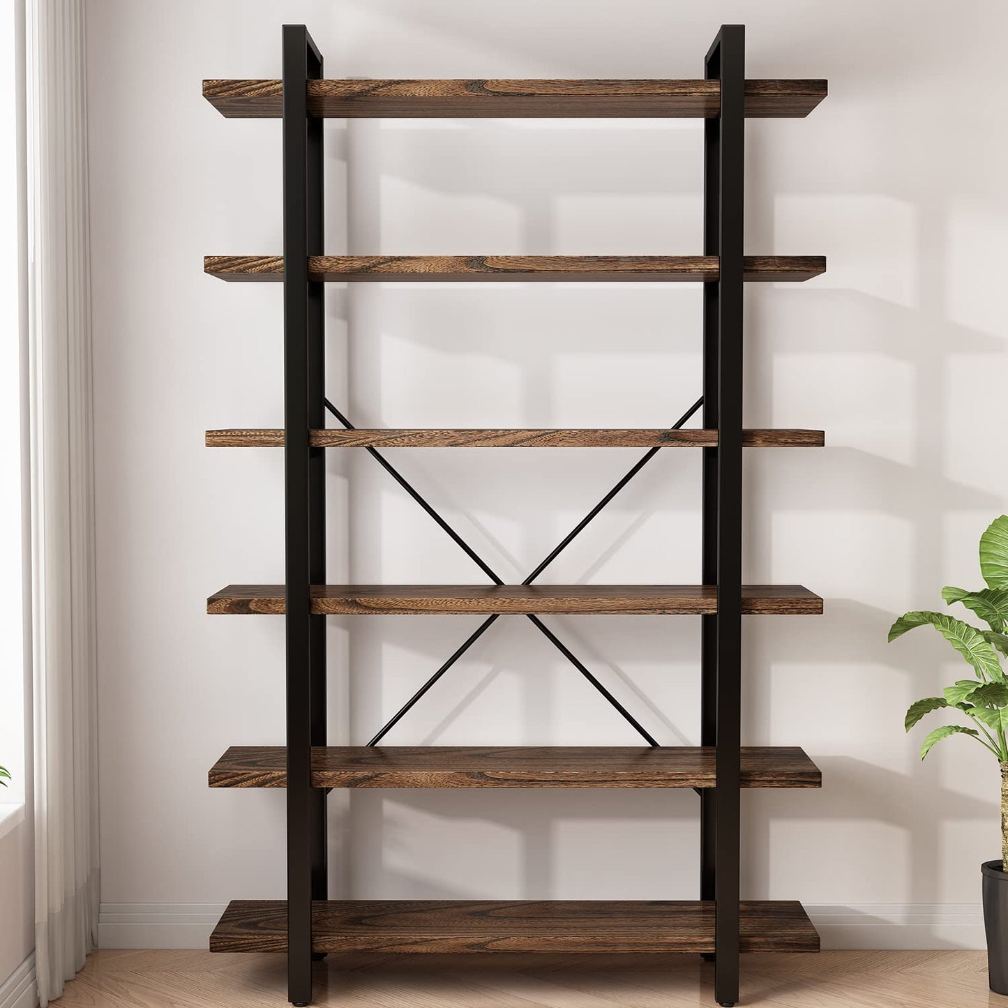 AY-AOYUAN Solid Wood Bookcase and Book Shelves Wood and Metal Shelving Unit 6 Tier Bookshelf Modern Rustic Open Bookshelf Office,Distressed Brown (AY-02-6Tier)