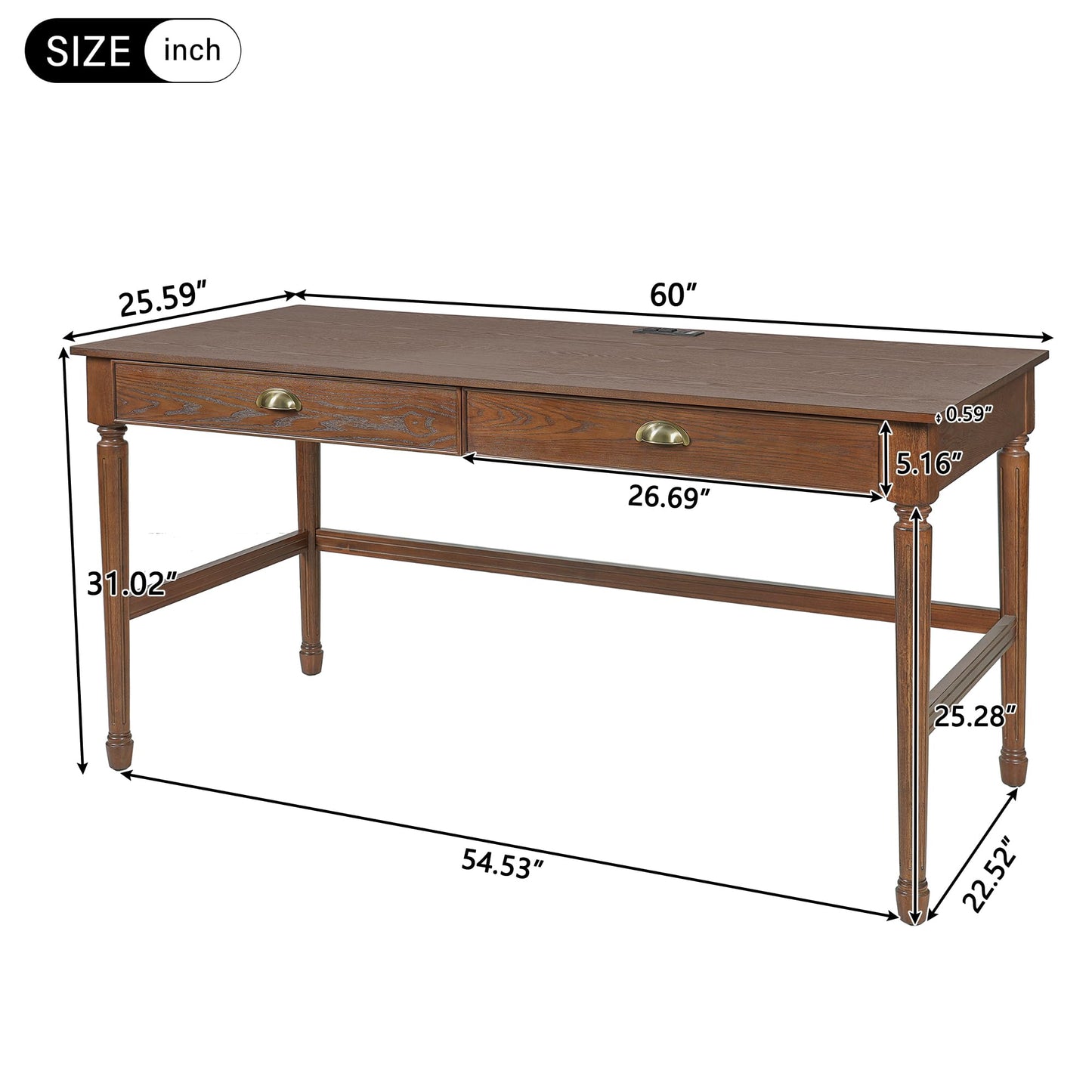 Merax 60" Home Office Desk with Power Outlets & USB, Writing Desk with 2 Drawers & Solid Rubber Wood Legs, Modern Workstation for Living Room, Bedroom & Study, Walnut