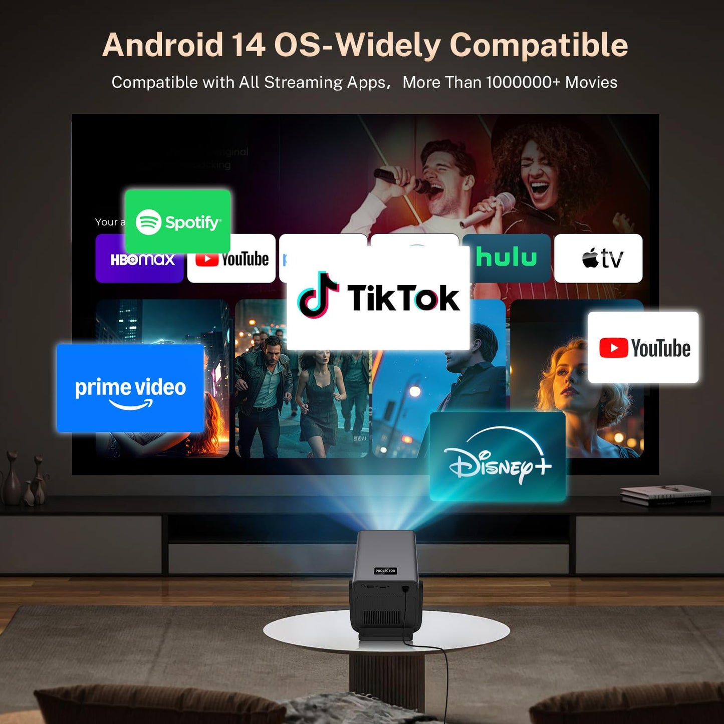 [4K Support/2000 ANSI/AI Visual Calibration] Native 1080P UHD Projector with Android 14 OS, X7 Smart Projector with Hi-Res Audio, Auto Focus&Keystone,WiFi 6&Bluetooth 5.4, 200" Screen for Home Outdoor