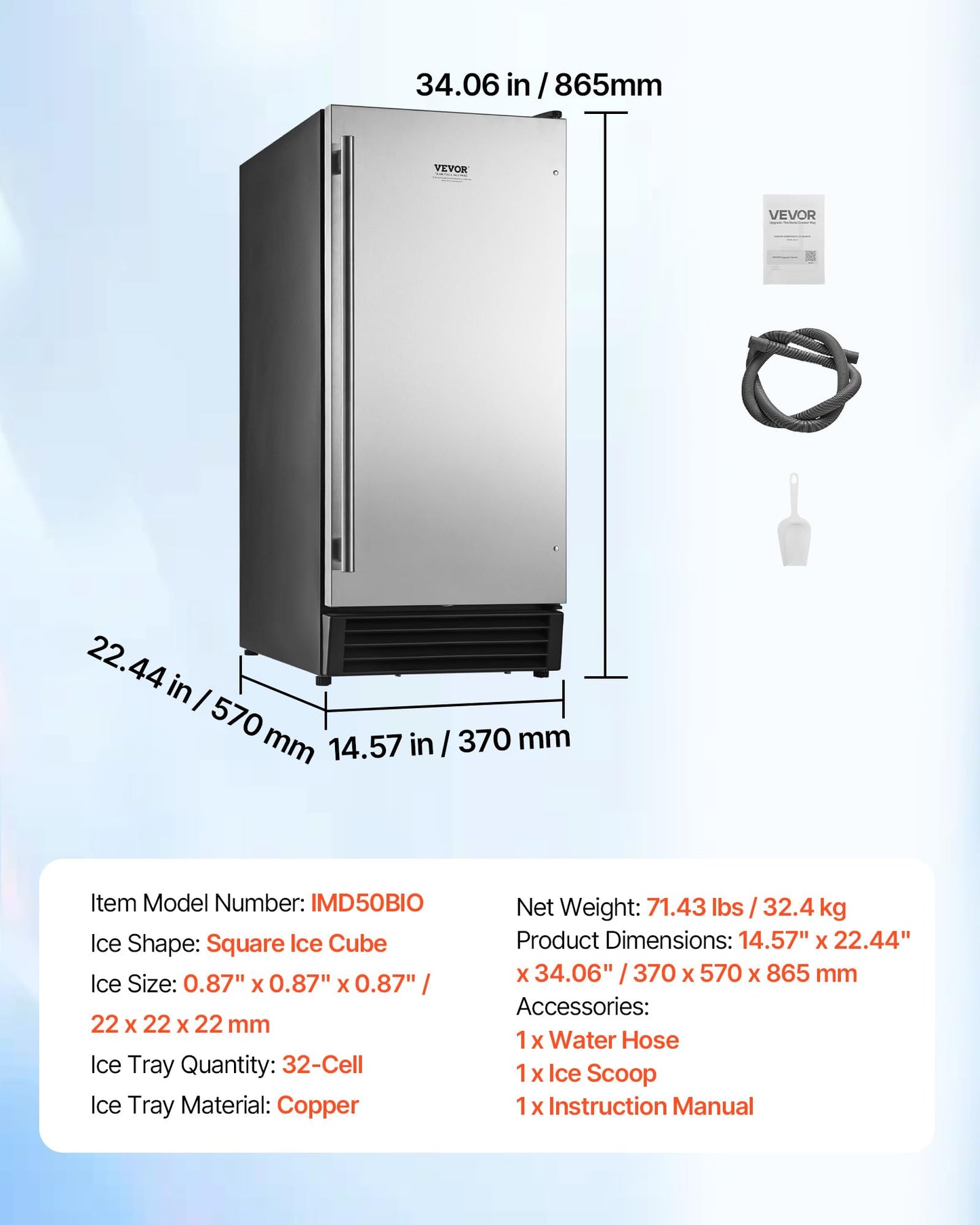 VEVOR Undercounter Built-in Ice Maker, 50 Lbs/Day Under Counter Ice Maker Machine with Drain Pump, Reversible Door, Stainless Steel Freestanding Ice Maker for Commercial Home Kitchen