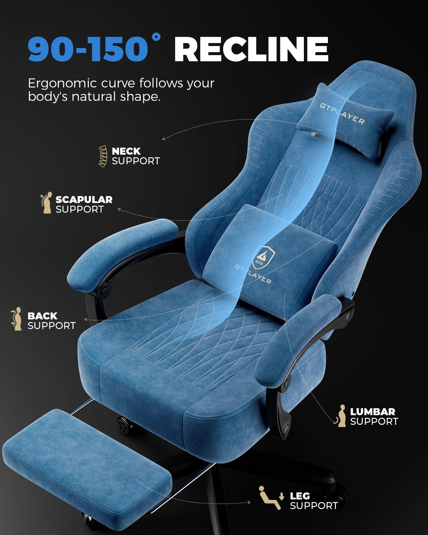 GTPLAYER Gaming Chair, Video Game Chairs with Footrest, PC Gamer Chairs for Adults - Padded High Back Ergonomic Reclining Silla Gamer, Linkage Armrest, Ace Pro, Blue (Velvet)