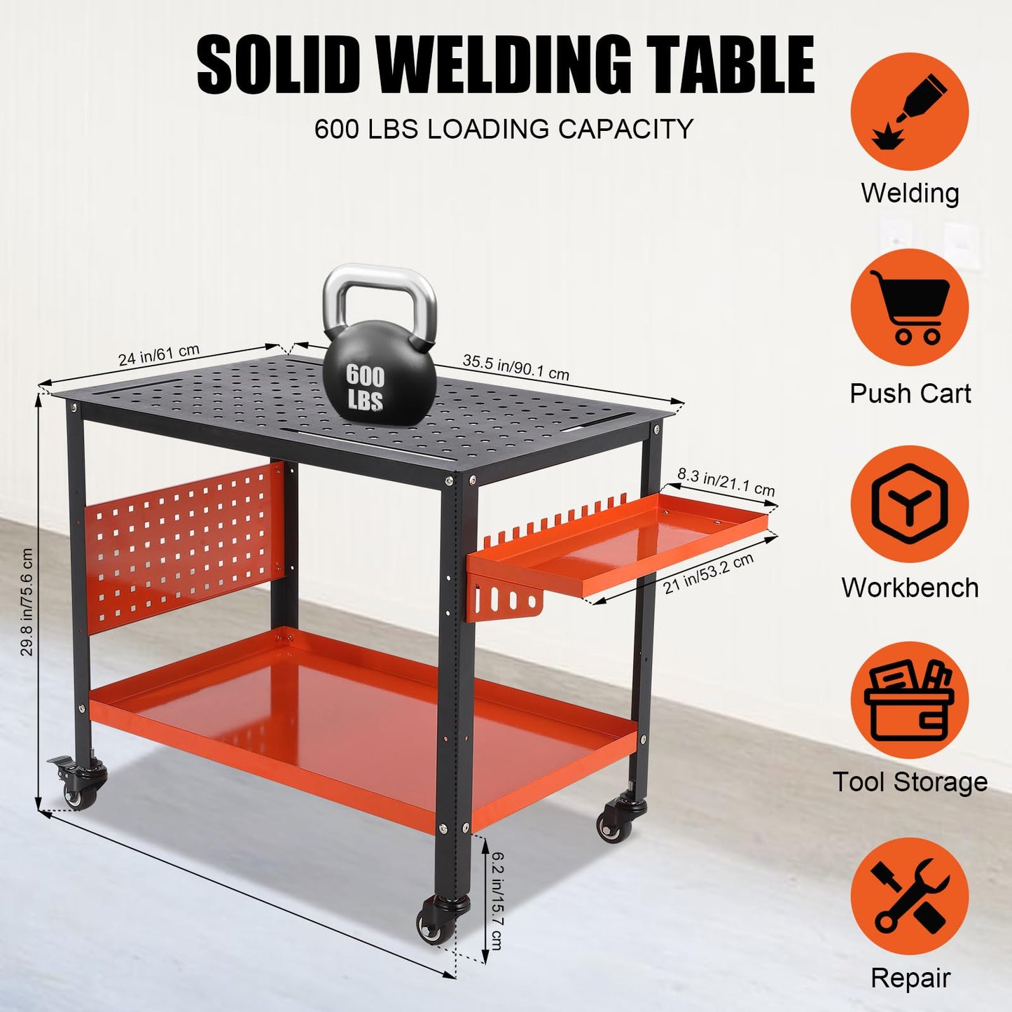 36x24 Steel Welding Table,1200 Lb Portable Welding Fixture Table for Shop,Rolling Welding Table with 5/8" Holes for Shop Garage (Orange, with Tool Tray)