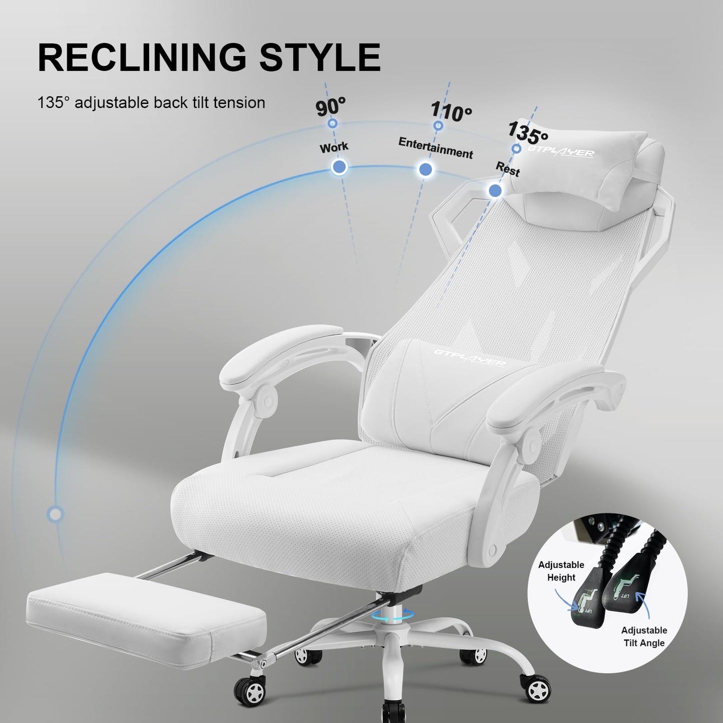 GTPLAYER Gaming Chair, Computer Chair with Mesh Back, Ergonomic Game Chair with Footrest, Reclining Game Chair with Adjustable Headrest and Lumbar Support for Gaming and Office (White)
