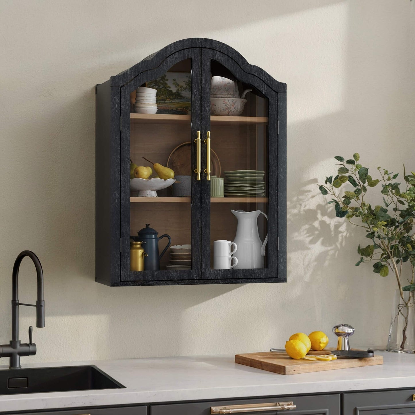 Laundry Wall Mounted Storage Cabinets with Adjustable Shelf,Glass Display Wall Cabinet with Tempered Glass Doors,Arched Wall Medicine Cabinet for Kitchen,Bathroom,Laundry room,Living Room,Black