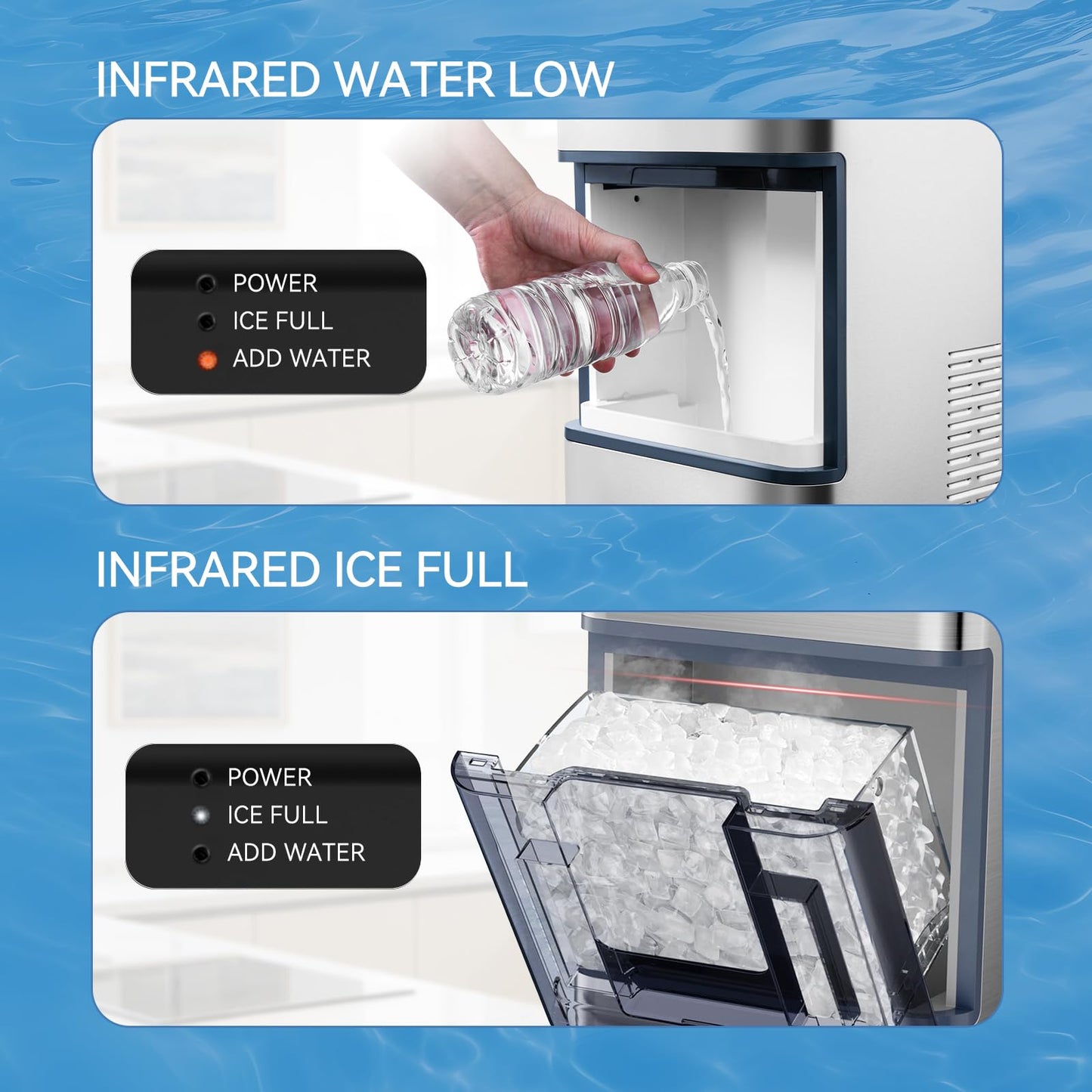 Nugget Ice Maker Countertop, Chewable Pellet Ice Machine, 37lbs/Day, 6-Min Fast Ice, One-Click Self-Cleaning, 0.8Gal Detachable Tank, Stainless Steel for Home/Kitchen/Office/Party