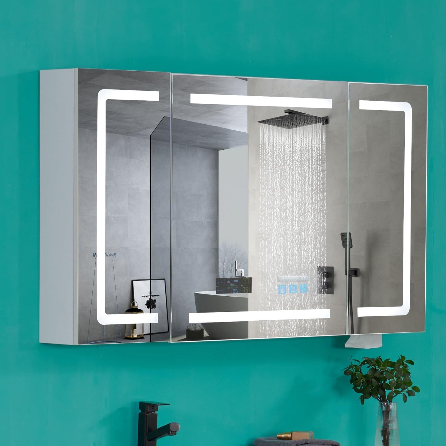 FCH LED Medicine Cabinet with Smart Mirror, 48" Wide Bathroom Medicine Cabinet with Bluetooth& Speaker, Clock, Room Temp Display, Defog, Stepless Dimming, 3-Color Temper Change, Outlets & USBs