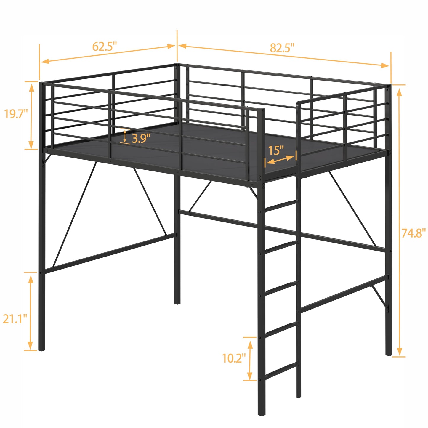 Realhotan 75Inch Queen Loft Bed with Ladder and High Guardrail, No Box Spring Required,Space-Saving,No Sagging Metal Slat Support Heavy Duty Bedframe, Black