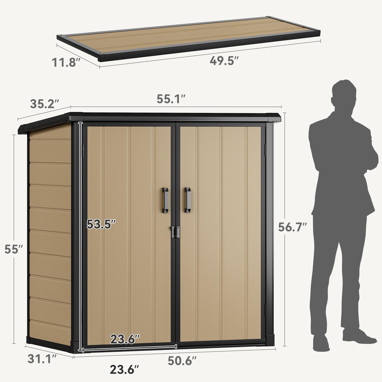 DWVO 4.2x2.6ft Outdoor Storage Shed with 2 Shelves, 54 Cu Ft Waterproof Resin Garden Shed with Floor & Lockable Door, Plastic Tool Cabinet for Garbage Cans, Lawn Equipment, Garden Supplies (Brown)