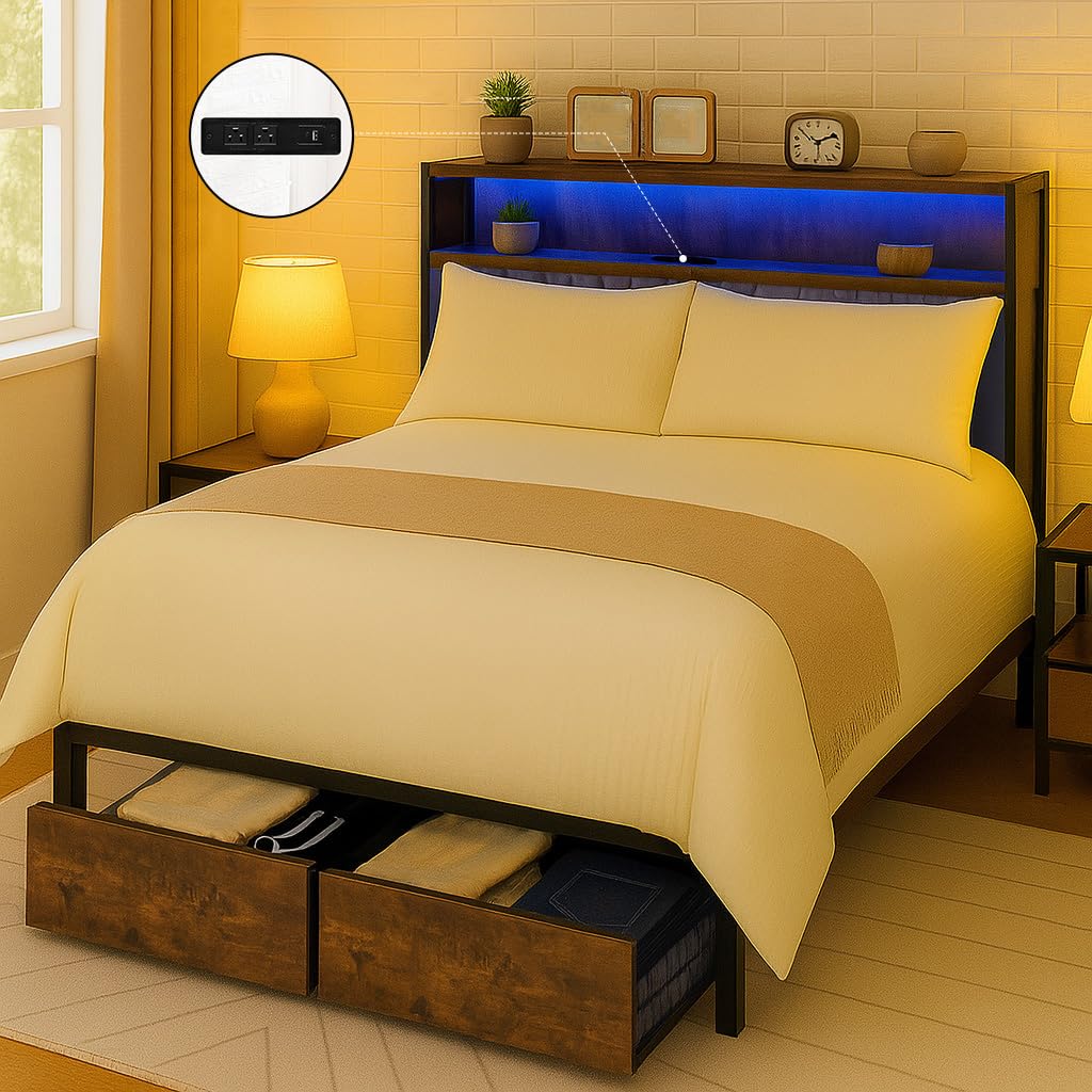 COMHOMA Queen Size Platform Bed Frame with LED Lights and Charging Station, Storage Headboard and Footboard Drawers, No Box Spring Needed, Rustic Wood Look
