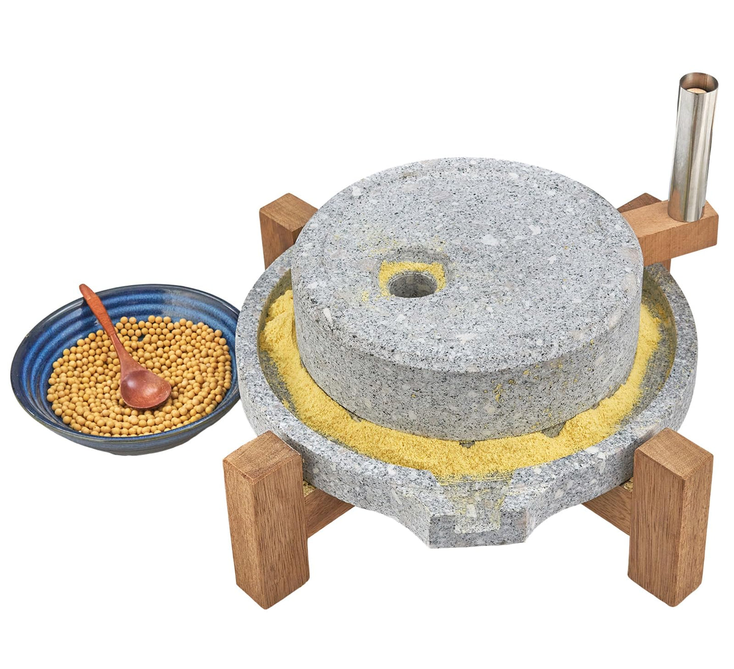 Stone Grain Mill - Manual Flour Mill with Stable Wood Base, Natural Granite Stone Grinder Mill for Dry & Wet Use, Home Kitchen Tool (9.8 x 13.8 inch)