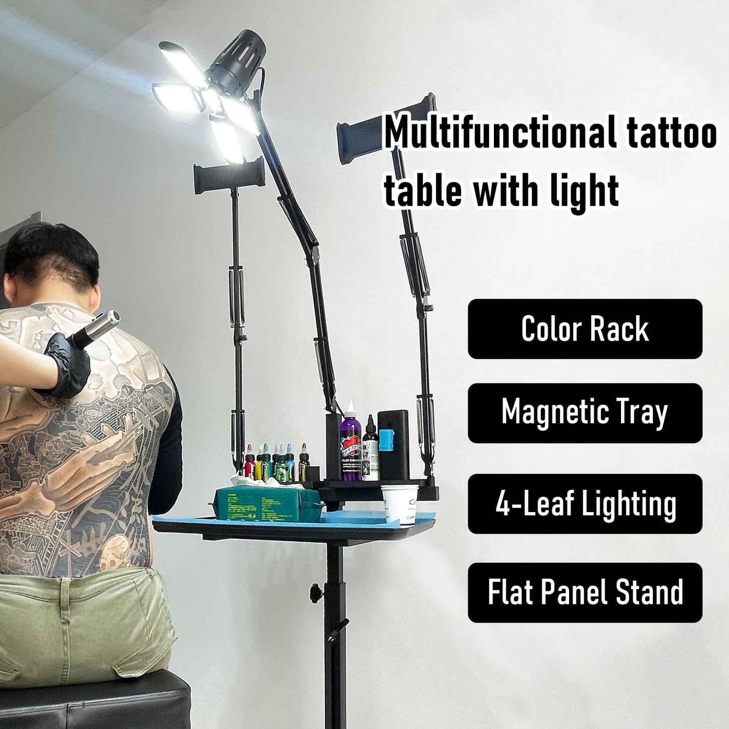 GBK Tattoo Workstation with 60W 360° LED Light, Extra-Large Magnetic Detachable Tray, Rolling Cart with Dual Phone/Tablet Stands, Salon Trolley for Tattoo Studio Artist Nail Tech