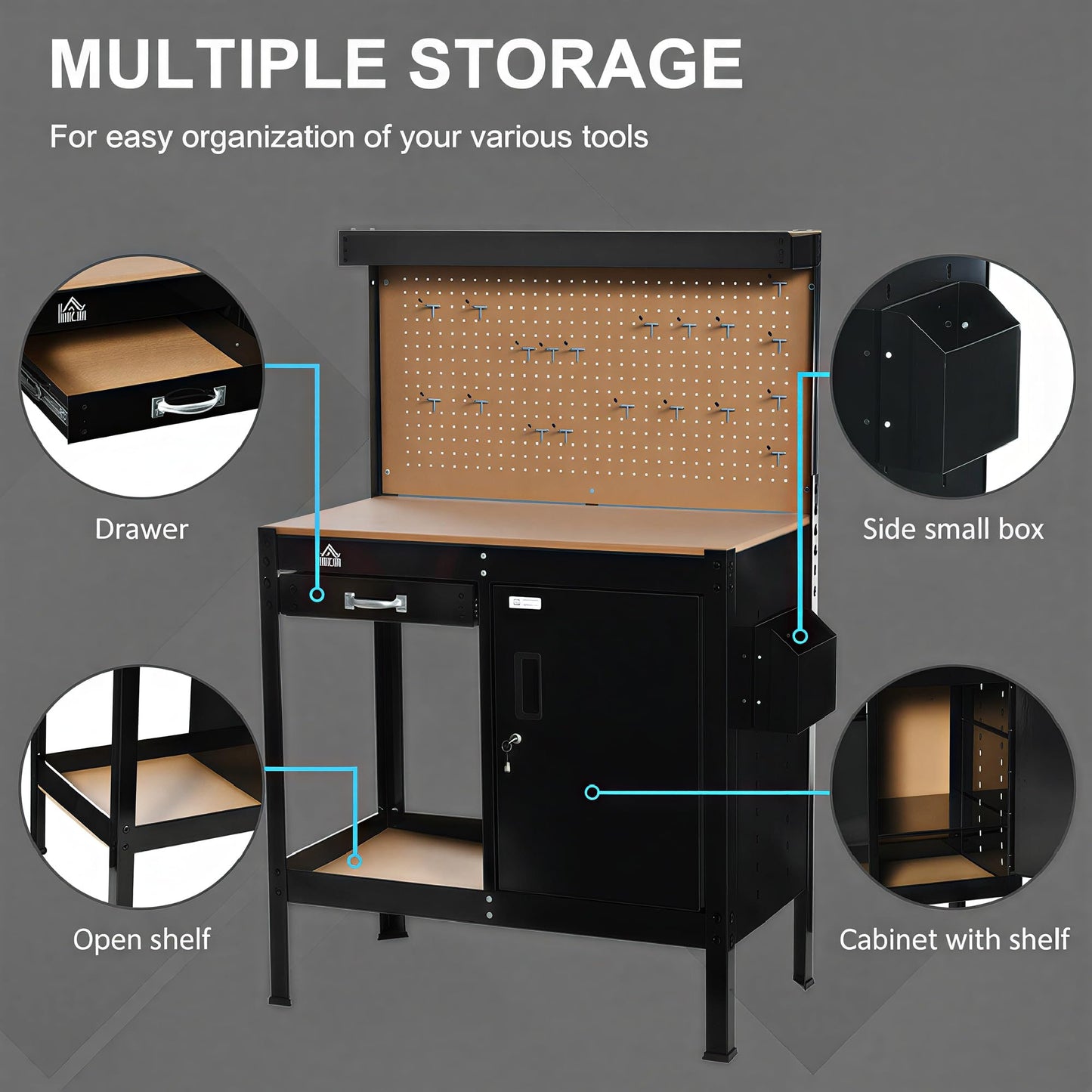 HOMCOM Multipurpose Workbench, Workshop Tool Table with Storage Cabinet with Lock and Keys, Slide Drawer, Peg Board