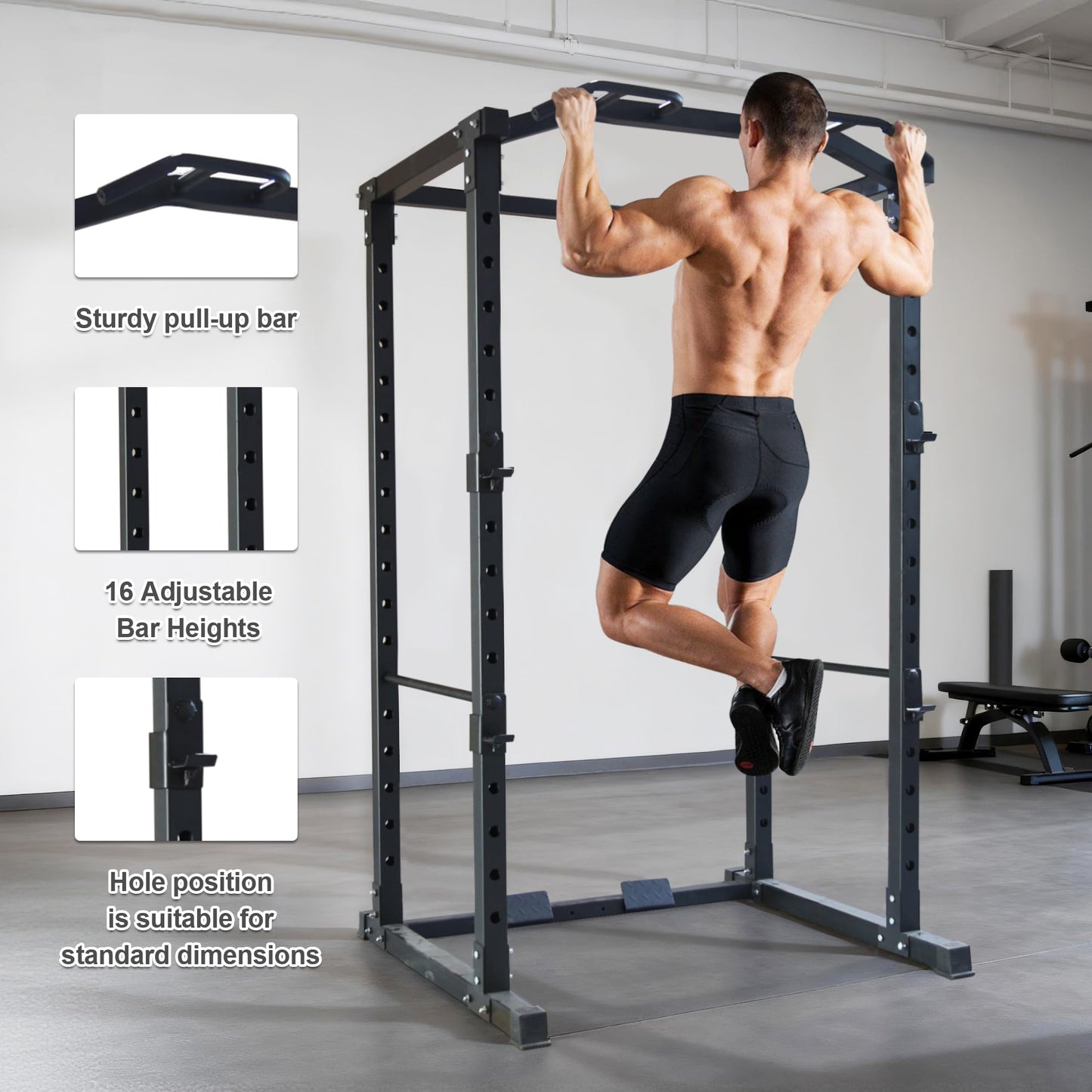 Fitvids 1,000 Pound Capacity 2.5” x 2.5” Power Cage Squat Rack, Includes J-Hooks and Multigrip, Other Optional Accessories-Black
