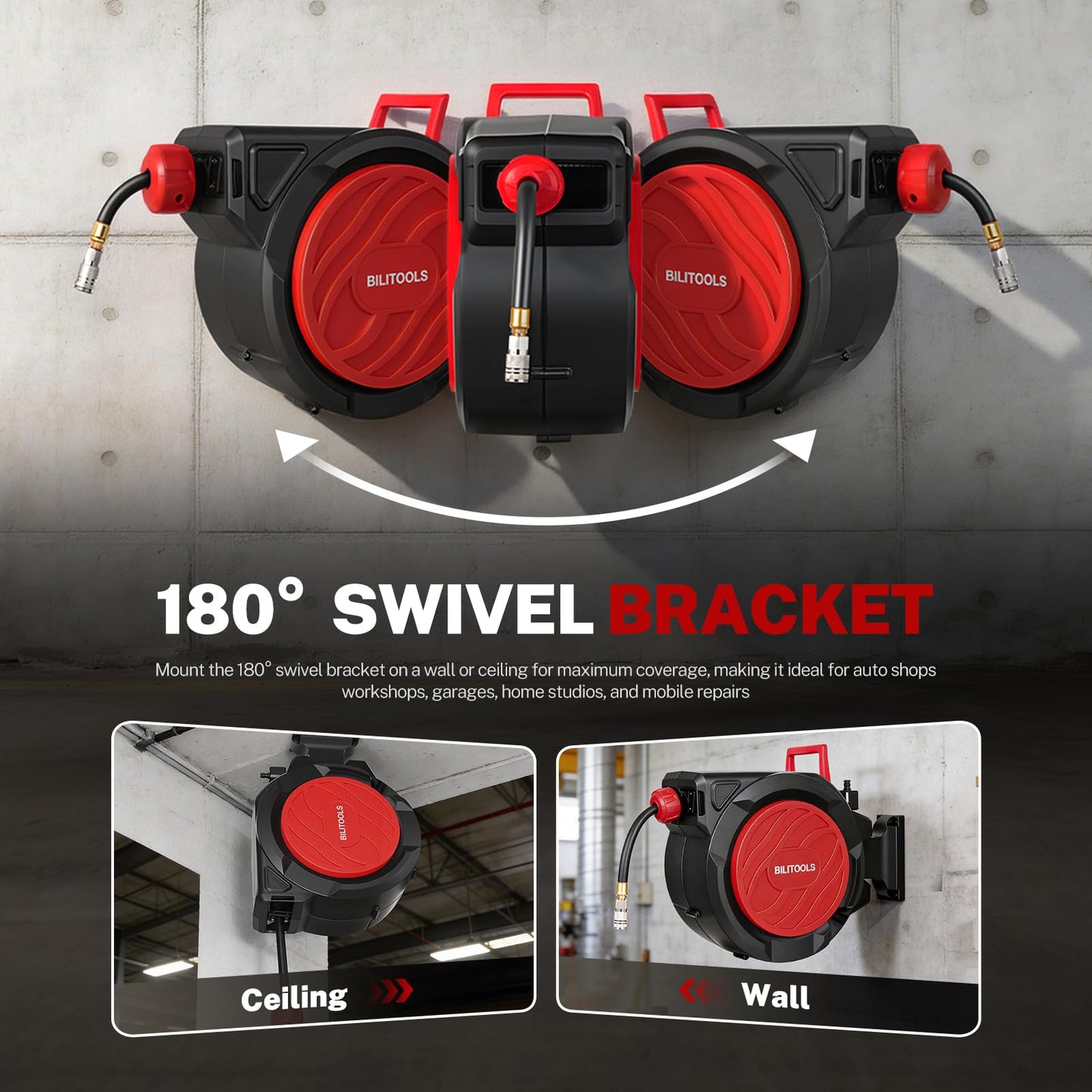 BILITOOLS Retractable Air Hose Reel, 3/8" x 100 ft Hybrid Air Hose Max 300PSI, Enclosed Air Compressor Hose Reel with Auto Rewind & 6.5 ft Lead-In Hose, 180° Swivel Wall/Ceiling Mount