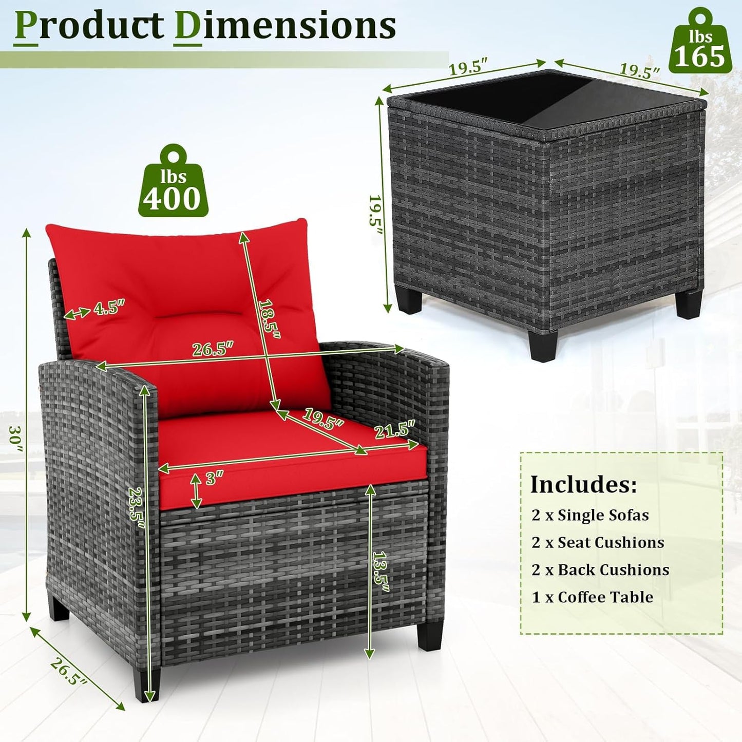 LDAILY Patio Furniture Set, 3 Pieces PE Rattan Wicker Patio Sofa Chairs with Washable Cushion & Glass Table, Outdoor Furniture Conversation Sets for Porch, Balcony, Garden, Poolside (Red)
