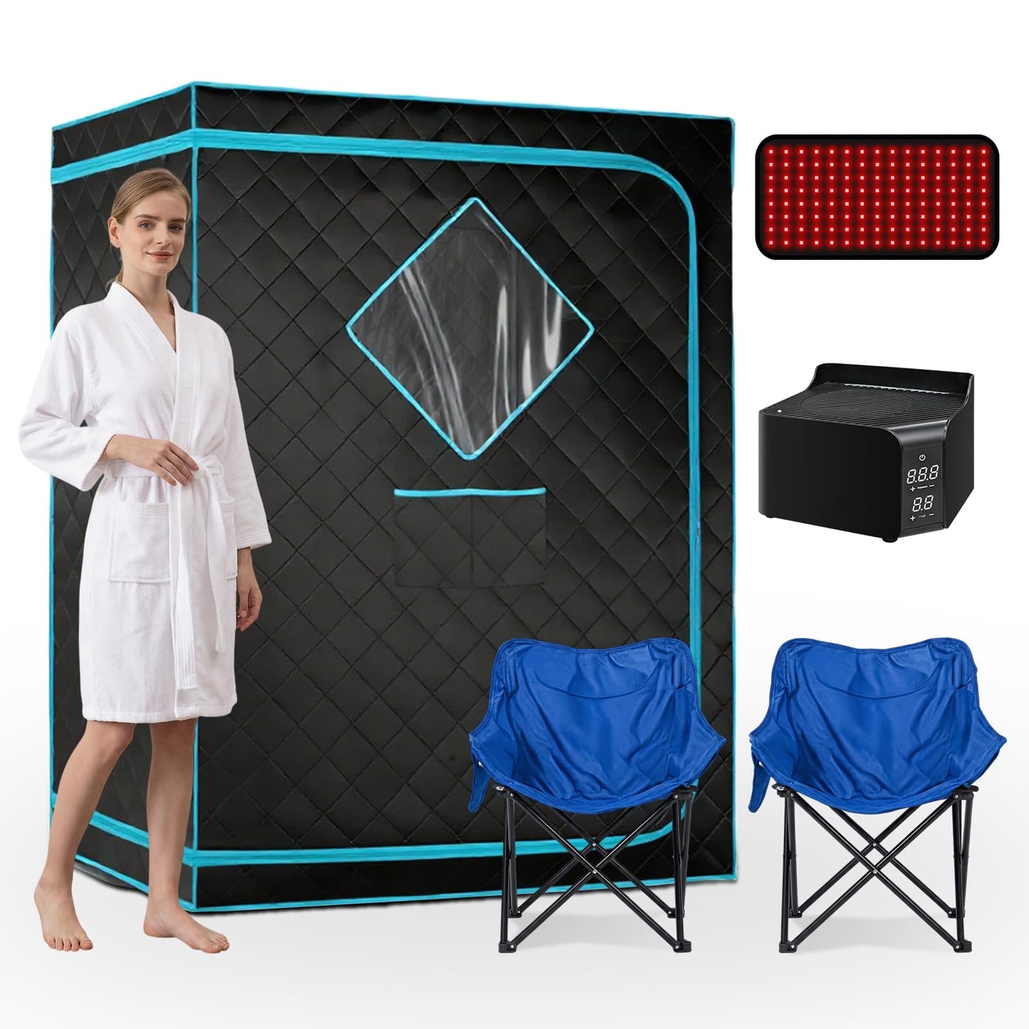 ZONEMEL Upgrade Portable Hot Air Sauna, 1 or 2 Person Home Sauna, 1500W & 149°F Dry Sauna Box, with 660nm Red Light Therapy, Folding Chairs (110V)