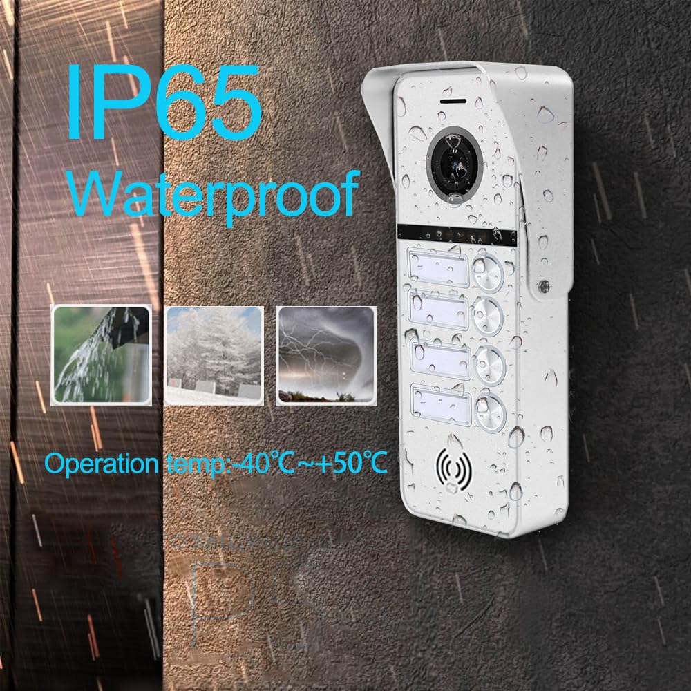 Wired Apartment Video Doorbell Intercom System,4 Units 10 Inch Touch WiFi Monitor,Wireless Video Door Phone Kit,Indoor Outdoor Support Monitoring,Unlocking,Two Way Intercom Tuya for Home Vally