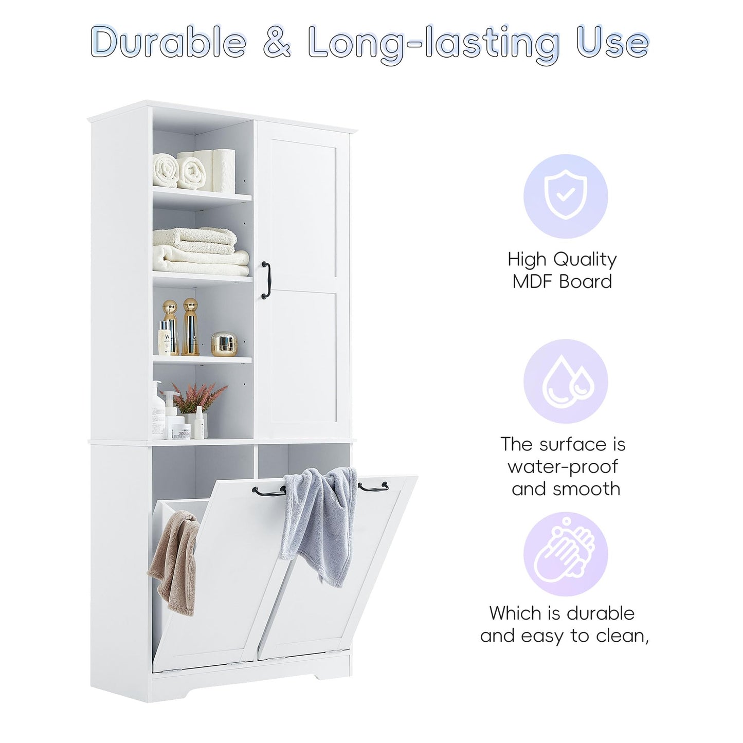 Merax Cabinet with Tilt-Out Laundry Hamper Basket, Tall Bathroom Storage Organizer Linen with Open Shelf for Home, Freestanding, White