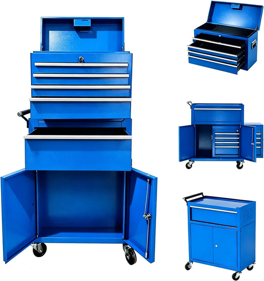 SierraSquad Heavy Duty 5-Drawer Rolling Tool Chest, 2-in-1 Detachable Top Tool Box, Locking Steel Storage Cabinet Cart on Wheels, Blue