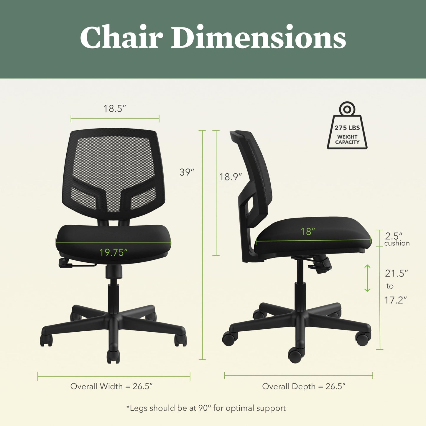 HON Volt Ergonomic Office Chair with Mesh Back, Armless Fabric Desk and Computer Chair with Center‑Tilt Recline and Wheels for Home Office or Workstation, Black