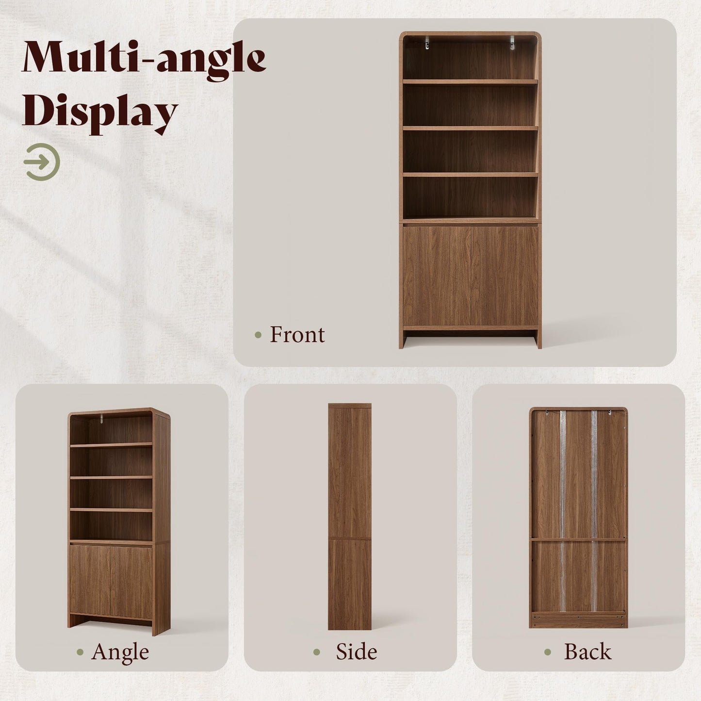 AMERLIFE 71“ Modern Bookcase with Storage Cabinets, 6-Tier Wood Bookshelf with Doors & Adjustable Shelves, Curved Design Display Cabinet for Living Room, Bedroom, or Home Office, Rustic Brown