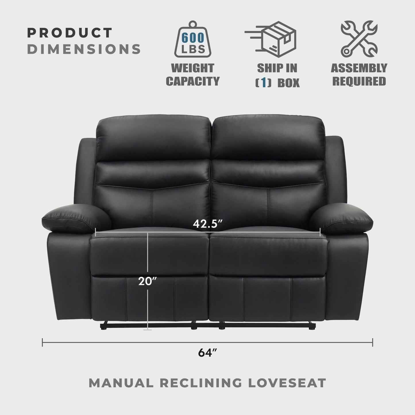 Lexicon 64" W Manual Reclining Loveseat, Top Grain Leather Match Reclining Love Seat, Home Theater Seating, Wall Hugger Recliner Couch, Manual Double Recliner RV Couch for Living Room, Black