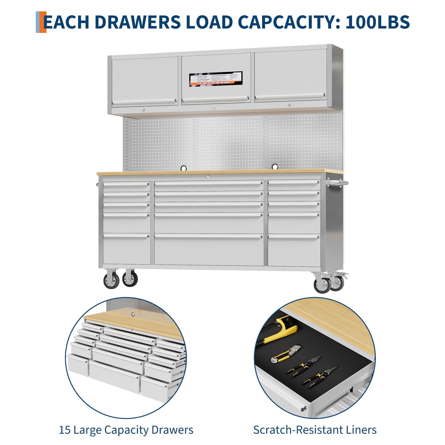 Heavy Duty 61" Tool Chest Cabinet, Mobile Garage Workbench with 15Drawers and Power Strip, Rubber Wood Worktop, 1675 LBS Load, Rolling Tool Storage Organizer for Mechanic, Shop or Home Use