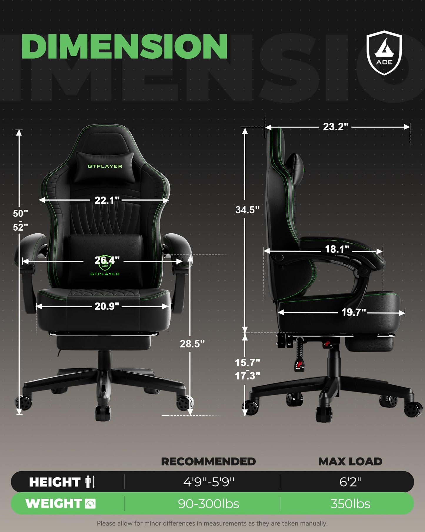 GTPLAYER Gaming Chair, Video Game Chairs with Footrest, PC Gamer Chairs for Adults - Padded High Back Ergonomic Reclining Silla Gamer, Linkage Armrest, Ace Pro, Black Green