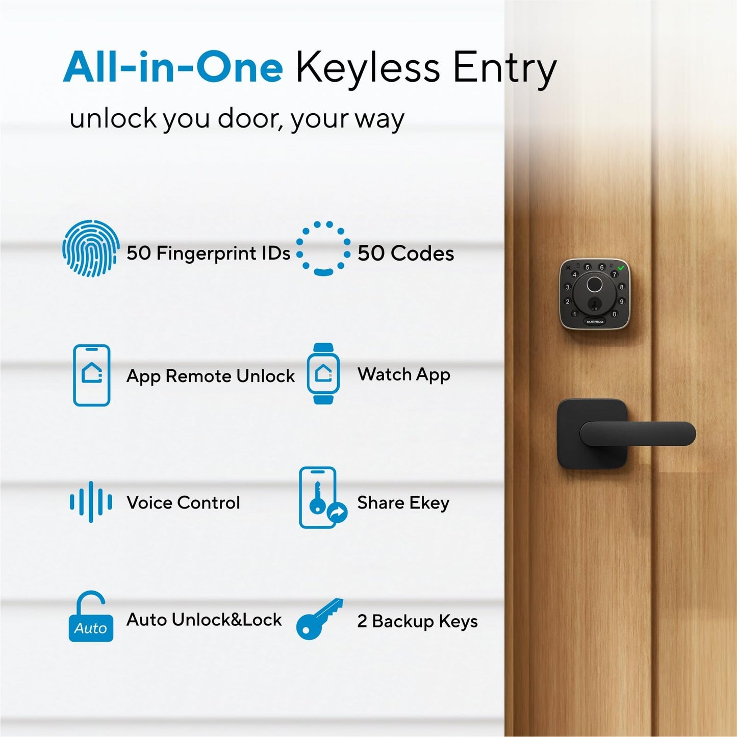 ULTRALOQ Bolt Fingerprint WiFi Smart Locks for Front Door with Door Sensor, Works with Apple Home, Alexa, Google, Keypad Door Lock with Handle, App Remote Access, Geofence Auto Unlock, Auto-Lock