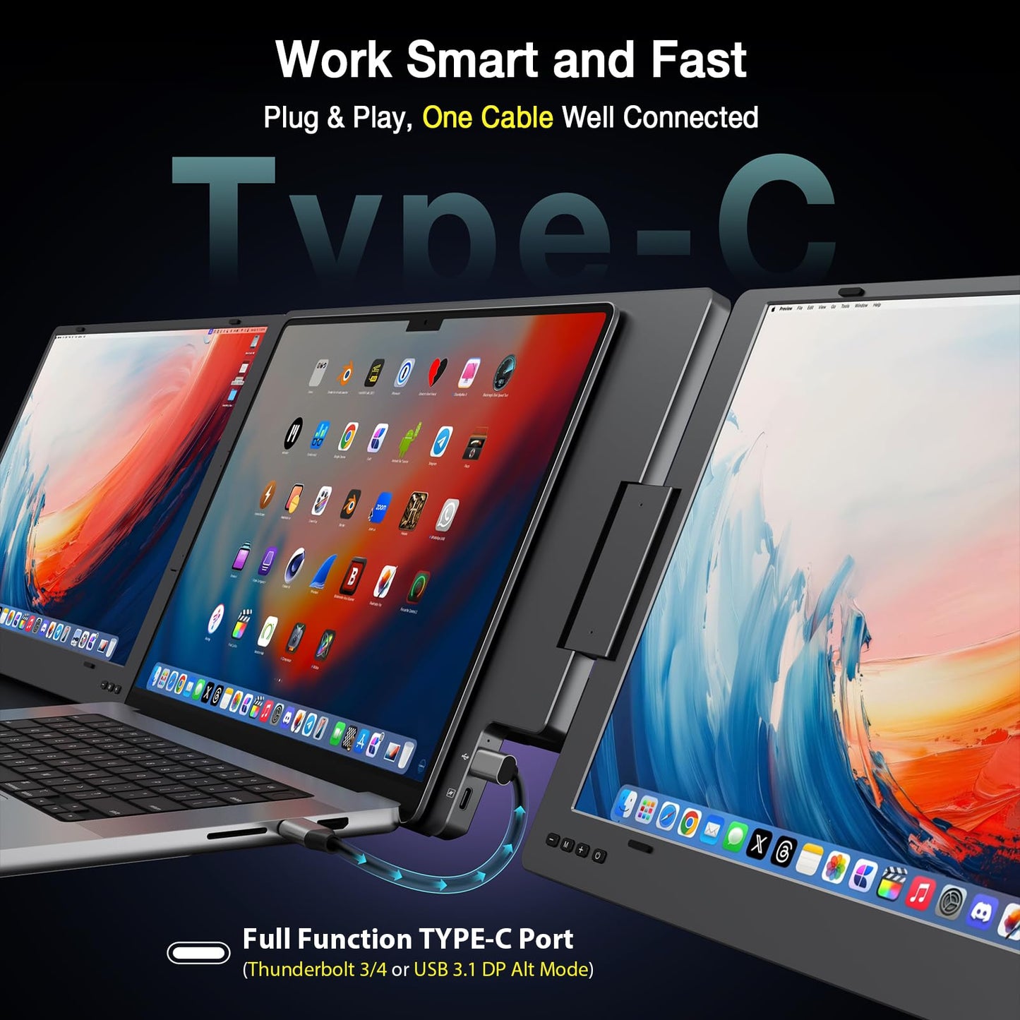 KYY Triple Laptop Screen Extender, 1080P FHD IPS 15.6" Travel Monitor, One Cable USB-C Portable Monitor, Dual Screen for 12"-17'' Laptops, Full Alloy, 360° Rotation & Kickstand, X90D (Driver Need)