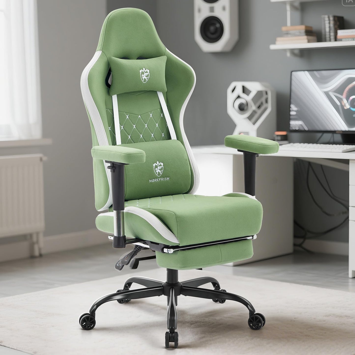 Morkprism Gaming Chair Breathable Fabric,Computer Office Chair with Footrest,Massage Lumbar Support and Gel Pad,Ergonomic Reclining Gamer Chair with Adjustable Armrests and Spring Cushion Green