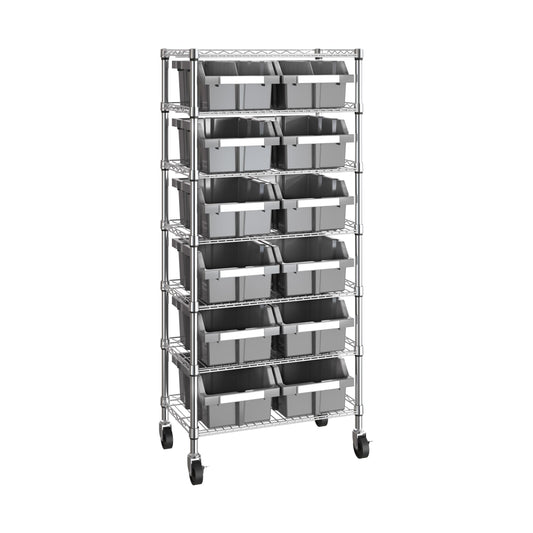 7-Tier NSF 12-Bin Steel Wire Shelving Rack, 25"W x 14"D x 56"H, Gray