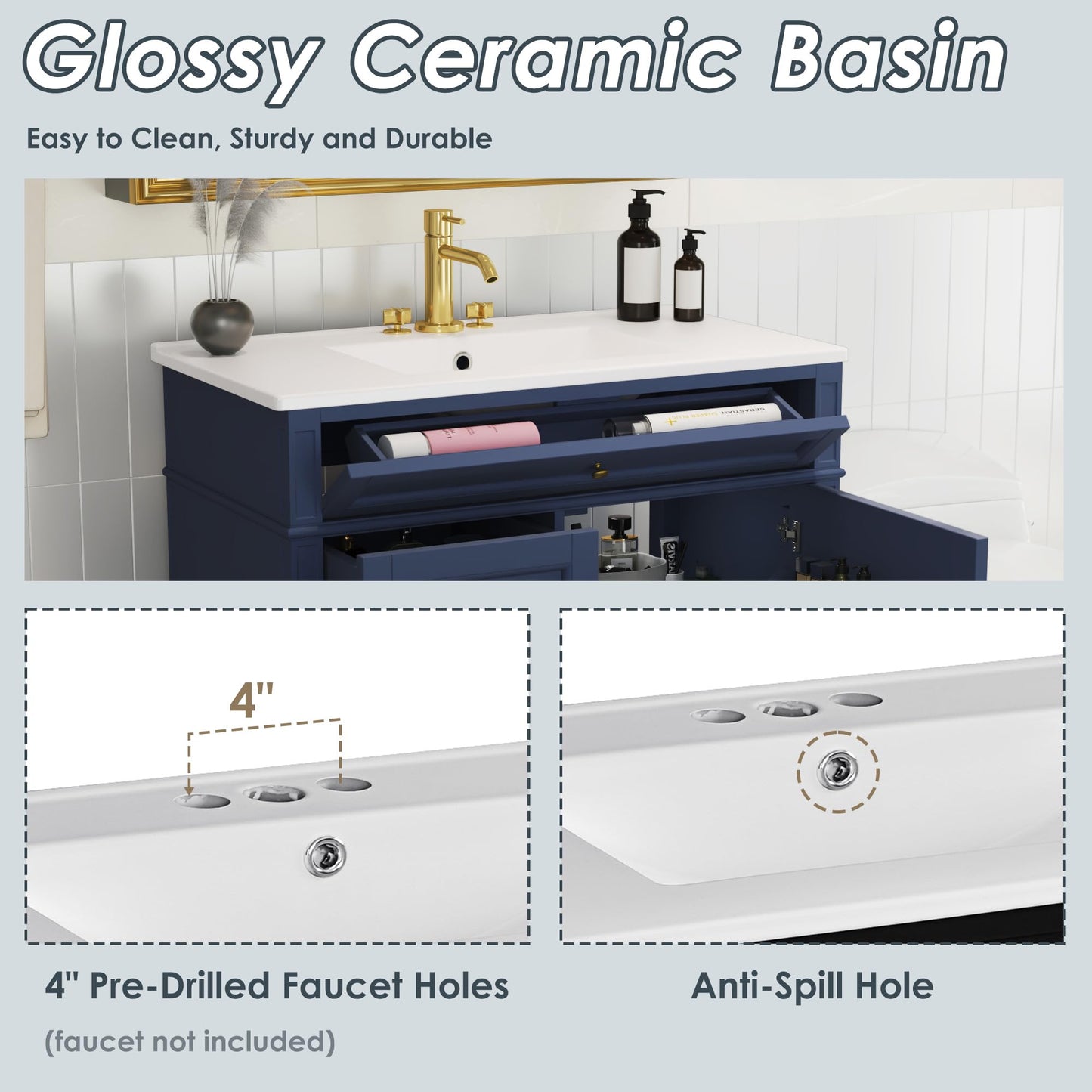 Merax 30 Inch Bathroom Vanity with Ceramic Sink, Solid Wood Frame Modern Bathroom Sink Storage Cabinet with 2 Drawers and a Tip-Out Drawer, Single Sink Bathroom Vanities, Navy Blue