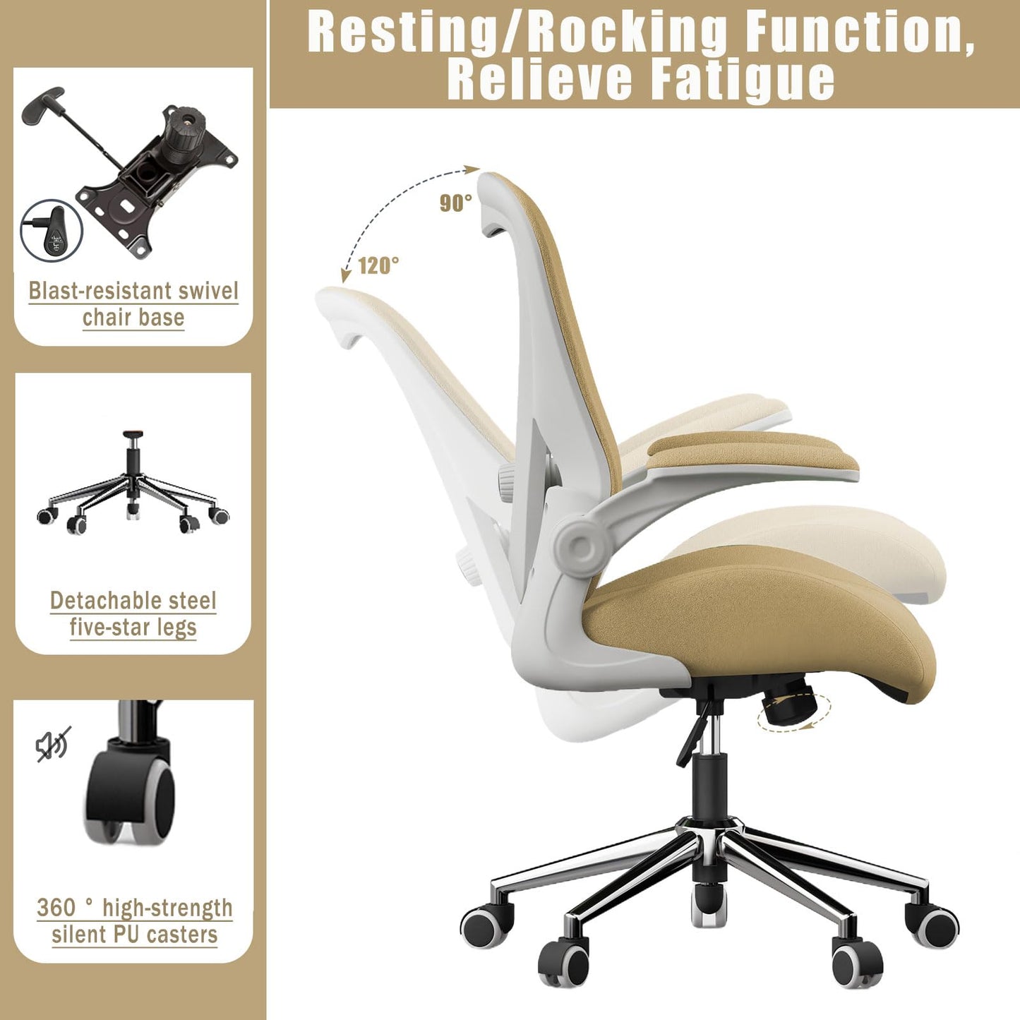 VOTRENIX Kahki Ergonomic Office Desk Chair, Soft Fabric Thickened Curved seat Cushion with Adjustable Lumbar Support, Perfect Blend of Comfort and Good Looks, Ideal Chair for Home or Office, Khaki