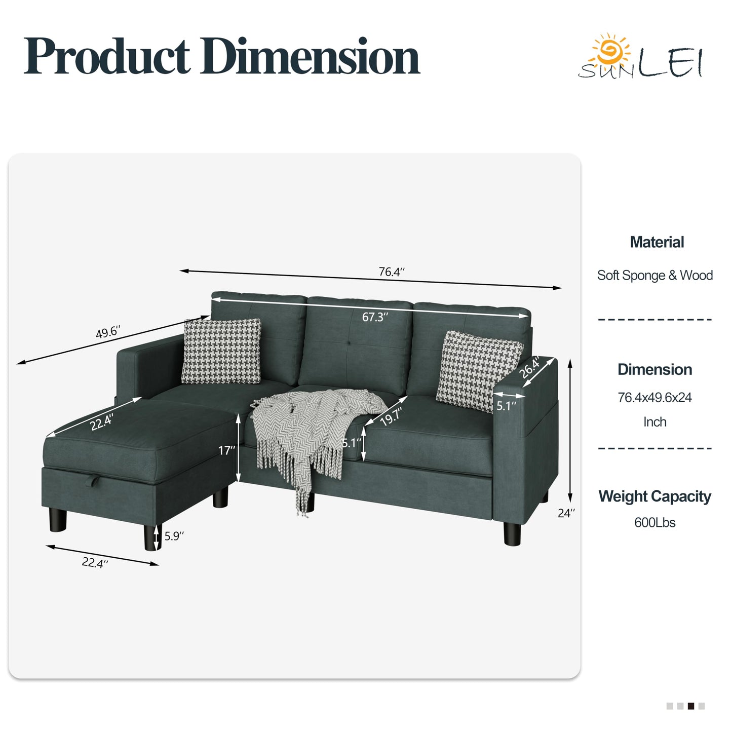 SUNLEI Convertible L-Shaped Sectional Couches for Living Room, Space-Saving 3-Seat Couch for Small Apartments & Living Rooms, Linen Fabric, Dark Grey